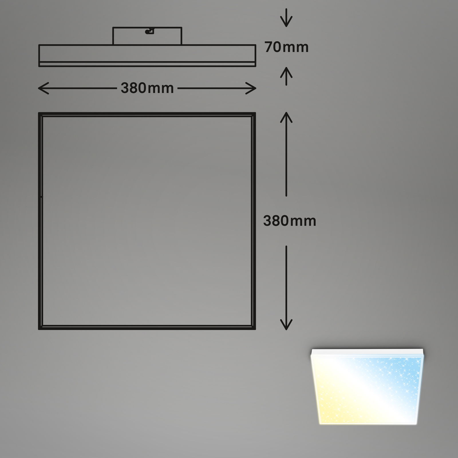 LED-Deckenleuchte, quadratisch, 380mm x 380mm, Seitenansicht und Draufsicht, mit Farbverlauf von Blau zu Gelb und Sternenmuster.