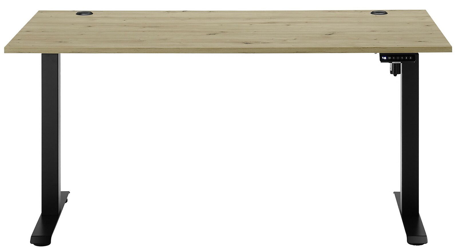 Moderner E-Schreibtisch mit Holzoberfläche und schwarzem Metallgestell, Frontalansicht