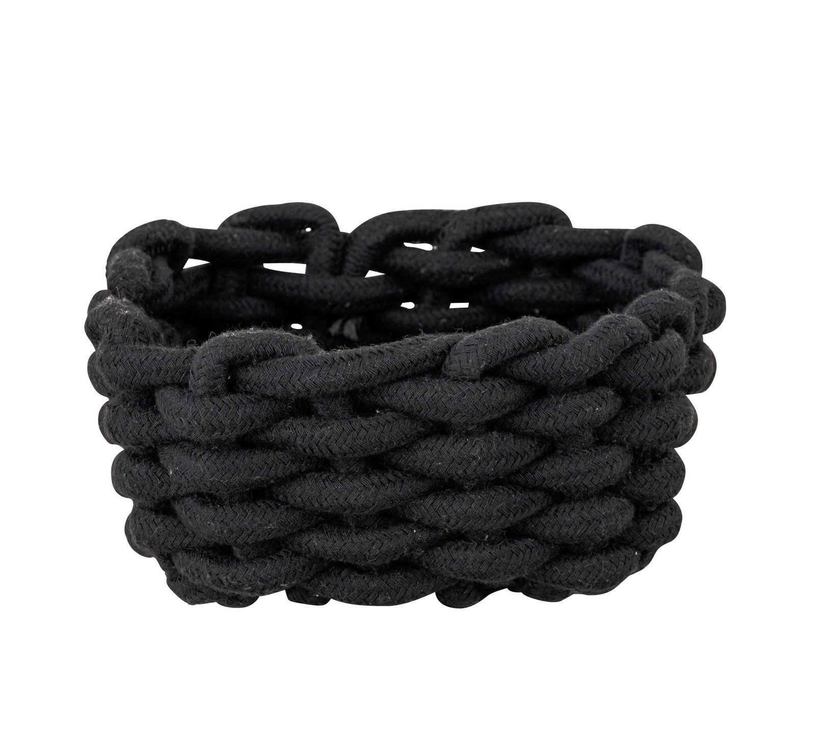 Schwarzer, geflochtener Badkorb Melara S aus seitlicher Perspektive