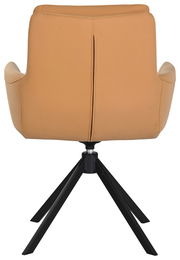 Rückansicht eines modernen Sessels mit braunem Lederbezug und schwarzem Metallgestell.