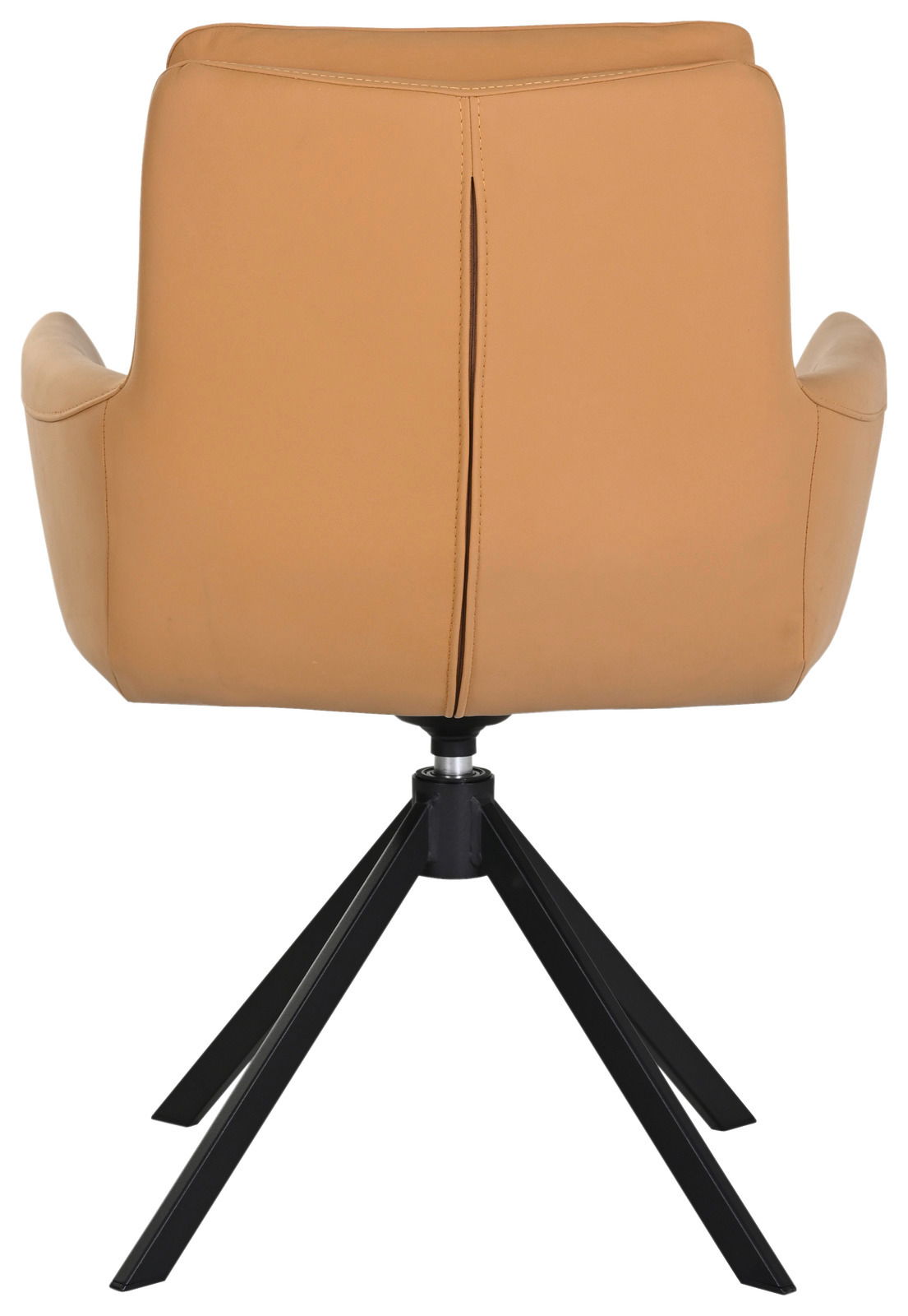 Rückansicht eines modernen Sessels mit braunem Lederbezug und schwarzem Metallgestell.