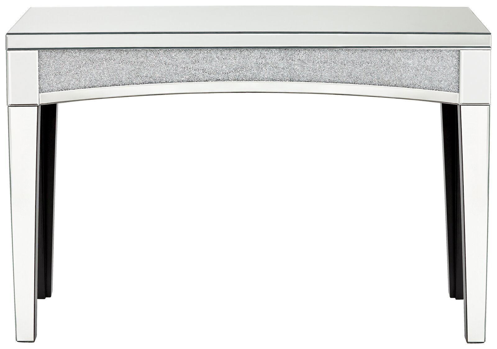 Moderner Konsolentisch mit verspiegelter Oberfläche und glitzerndem Akzent, Frontalansicht.