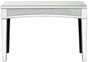 Moderner Konsolentisch mit verspiegelter Oberfläche und glitzerndem Akzent, Frontalansicht.