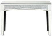 Moderner Konsolentisch mit verspiegelter Oberfläche und glitzerndem Akzent, Frontalansicht.