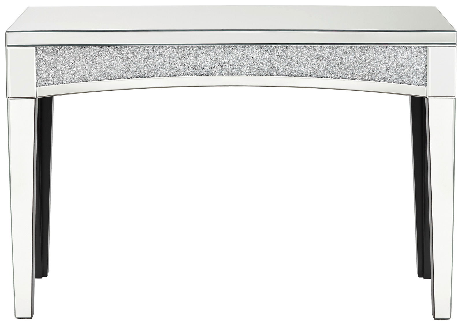 Moderner Konsolentisch mit verspiegelter Oberfläche und glitzerndem Akzent, Frontalansicht.