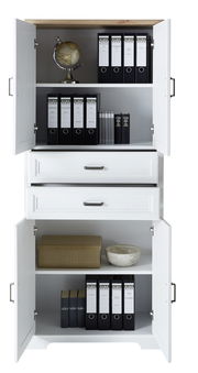 Weißer Aktenschrank der Serie JUDITH mit geöffneter Frontansicht, gefüllt mit Ordnern, Büchern, einem Globus und dekorativen Gegenständen.