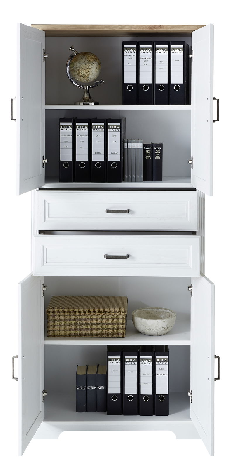 Weißer Aktenschrank der Serie JUDITH mit geöffneter Frontansicht, gefüllt mit Ordnern, Büchern, einem Globus und dekorativen Gegenständen.