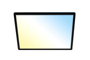 LED-Deckenleuchte mit quadratischem Design, zeigt eine Mischung aus warmem und kühlem Licht, Perspektive von unten