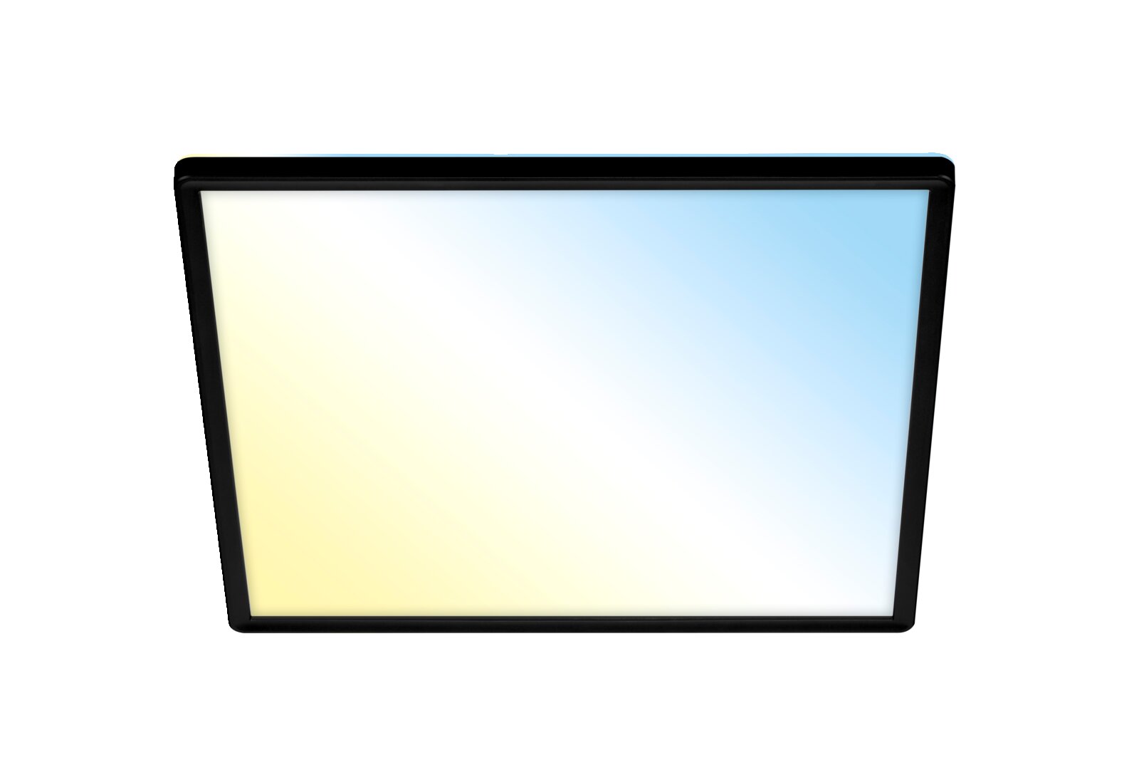 LED-Deckenleuchte mit quadratischem Design, zeigt eine Mischung aus warmem und kühlem Licht, Perspektive von unten
