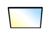LED-Deckenleuchte mit quadratischem Design, zeigt eine Mischung aus warmem und kühlem Licht, Perspektive von unten