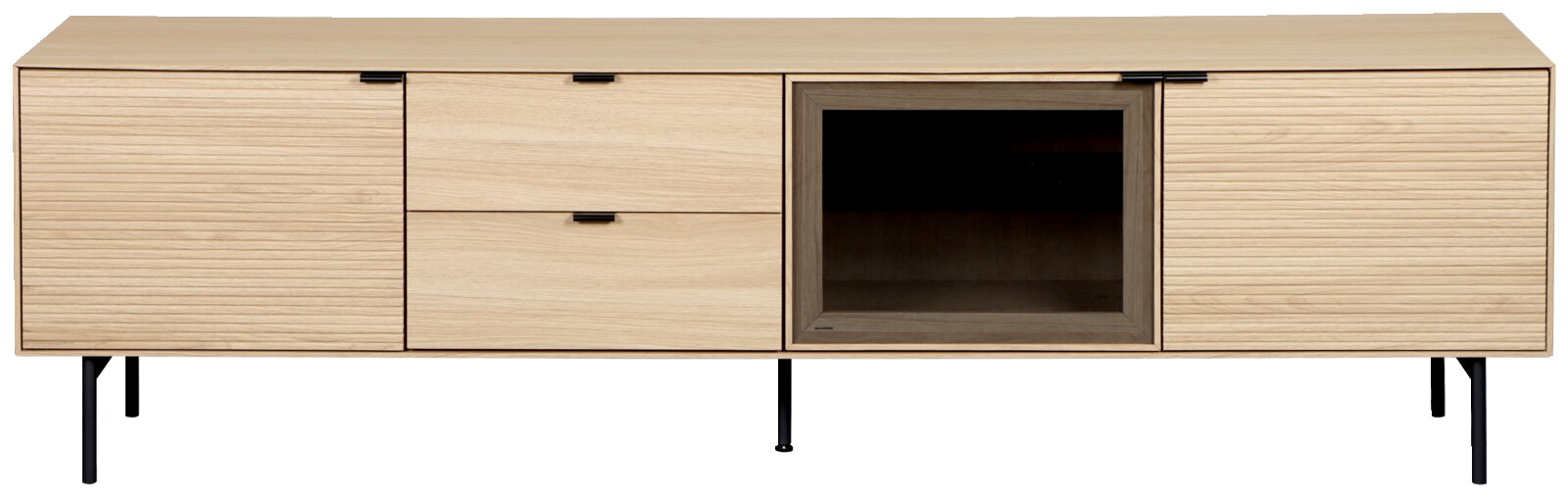 Modernes Sideboard aus hellem Holz mit gerillten Fronten, zwei Türen, zwei Schubladen und offenem Fach mit dunklem Rahmen auf schwarzen Metallfüßen, frontale Ansicht.