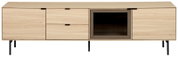 Modernes Sideboard aus hellem Holz mit gerillten Fronten, zwei Türen, zwei Schubladen und offenem Fach mit dunklem Rahmen auf schwarzen Metallfüßen, frontale Ansicht.