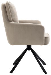 Seitenansicht eines beigen Sessels mit geripptem Stoffbezug und schwarzem Metallgestell.