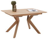 Moderner Esstisch aus Holz mit einzigartigen Z-förmigen Beinen, dekoriert mit Vasen und einem Buch, seitliche Perspektive