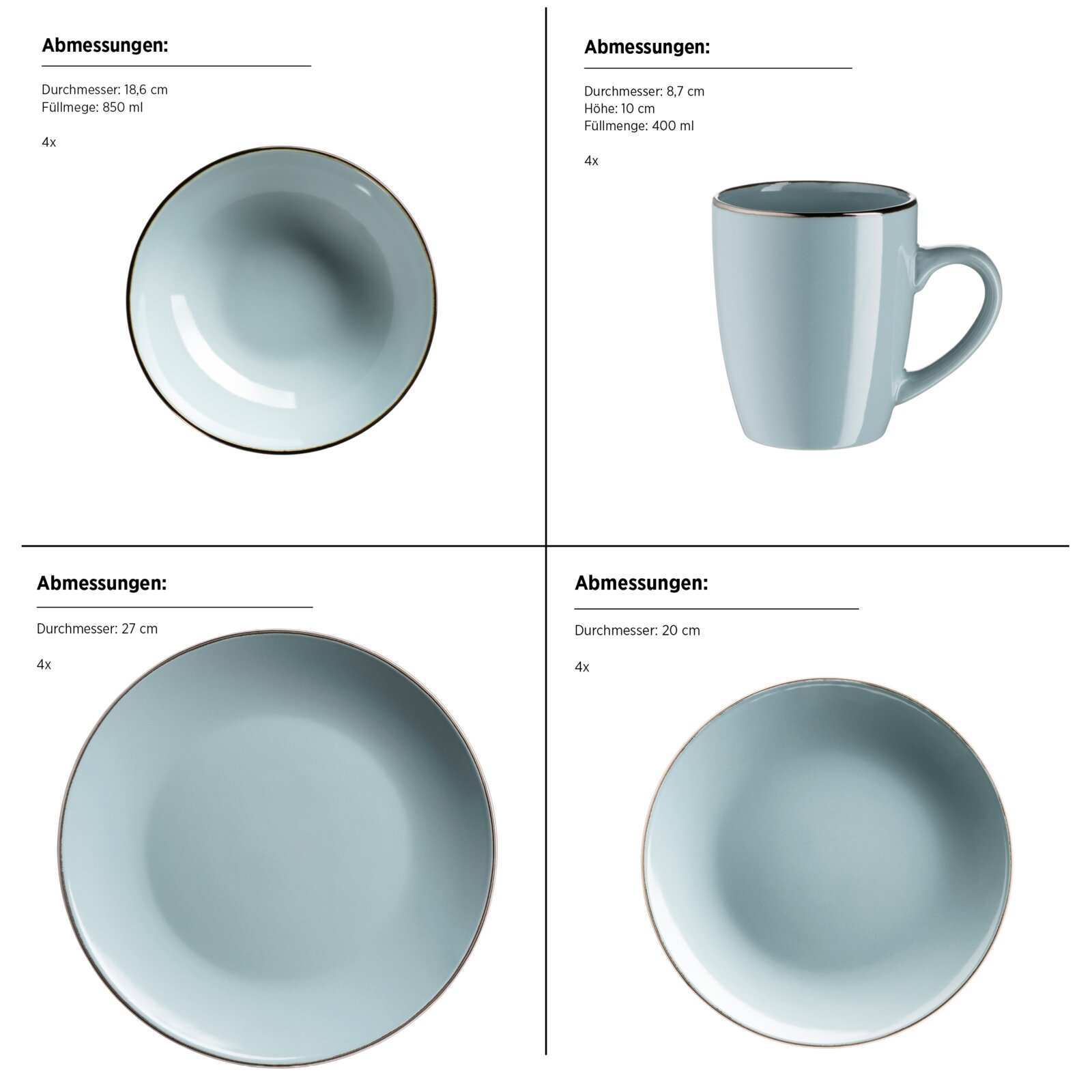 4-teiliges Geschirrset in Hellblau mit braunem Rand: Schale (Ø 18,6 cm, 850 ml) in Draufsicht, Tasse (Ø 8,7 cm, H 10 cm, 400 ml) in Seitenansicht, Teller (Ø 27 cm) in Draufsicht und kleiner Teller/Schale (Ø 20 cm) in Draufsicht auf weißem Hintergrund