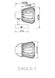 Technische Maßzeichnung einer Wand-/Deckenleuchte mit geripptem, ovalem Lampenschirm; Seitenansicht und Draufsicht mit Maßen 15 cm Länge, 16 cm Höhe, Schirmbreite 10 cm, Basis 10 cm und Ø 12,5 cm (Perspektive: Seiten- und Draufsicht).