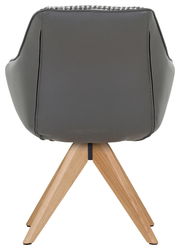 Rückansicht eines Armlehnstuhls mit grauem Bezug und Holzbeinen.