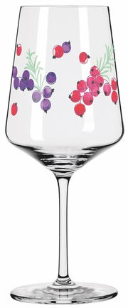 Weinglas mit buntem Beerenmuster, seitliche Perspektive