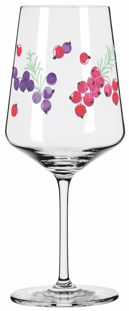 Weinglas mit buntem Beerenmuster, seitliche Perspektive