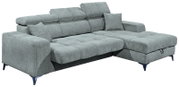 Graues Ecksofa mit verstellbaren Kopfstützen und Kissen, Perspektive von vorne links