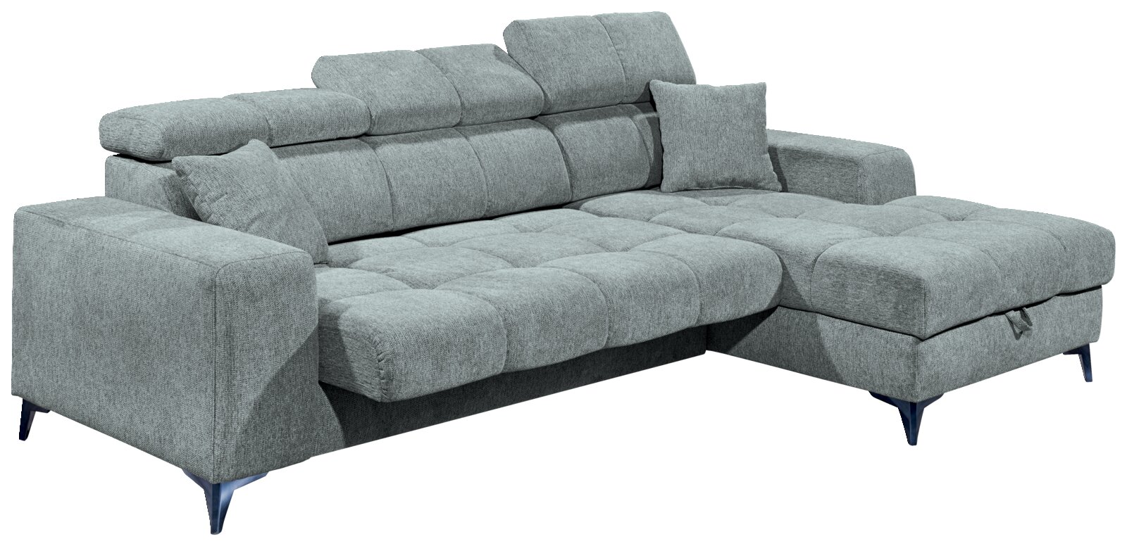Graues Ecksofa mit verstellbaren Kopfstützen und Kissen, Perspektive von vorne links