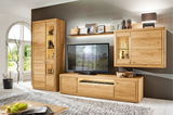 Moderne Wandkombination aus Holz mit TV-Schrank, Hängeschrank und Regal, frontal betrachtet.
