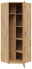 Eckschrank aus Holz mit geöffneter Tür, zeigt mehrere Regalböden, Perspektive von vorne.