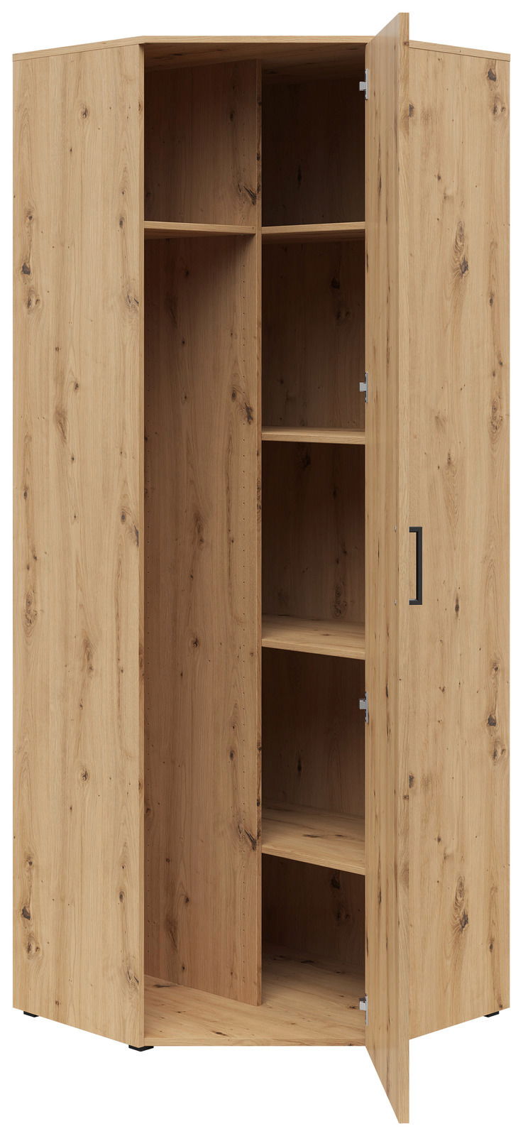 Eckschrank aus Holz mit geöffneter Tür, zeigt mehrere Regalböden, Perspektive von vorne.