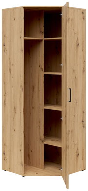 Eckschrank aus Holz mit geöffneter Tür, zeigt mehrere Regalböden, Perspektive von vorne.