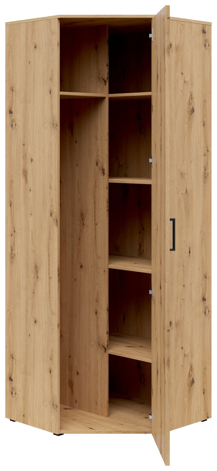 Eckschrank aus Holz mit geöffneter Tür, zeigt mehrere Regalböden, Perspektive von vorne.