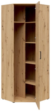 Eckschrank aus Holz mit geöffneter Tür, zeigt mehrere Regalböden, Perspektive von vorne.