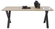 Moderner Esstisch aus Holz mit schwarzem Metallgestell, dekoriert mit Vasen und Büchern, Frontalansicht.