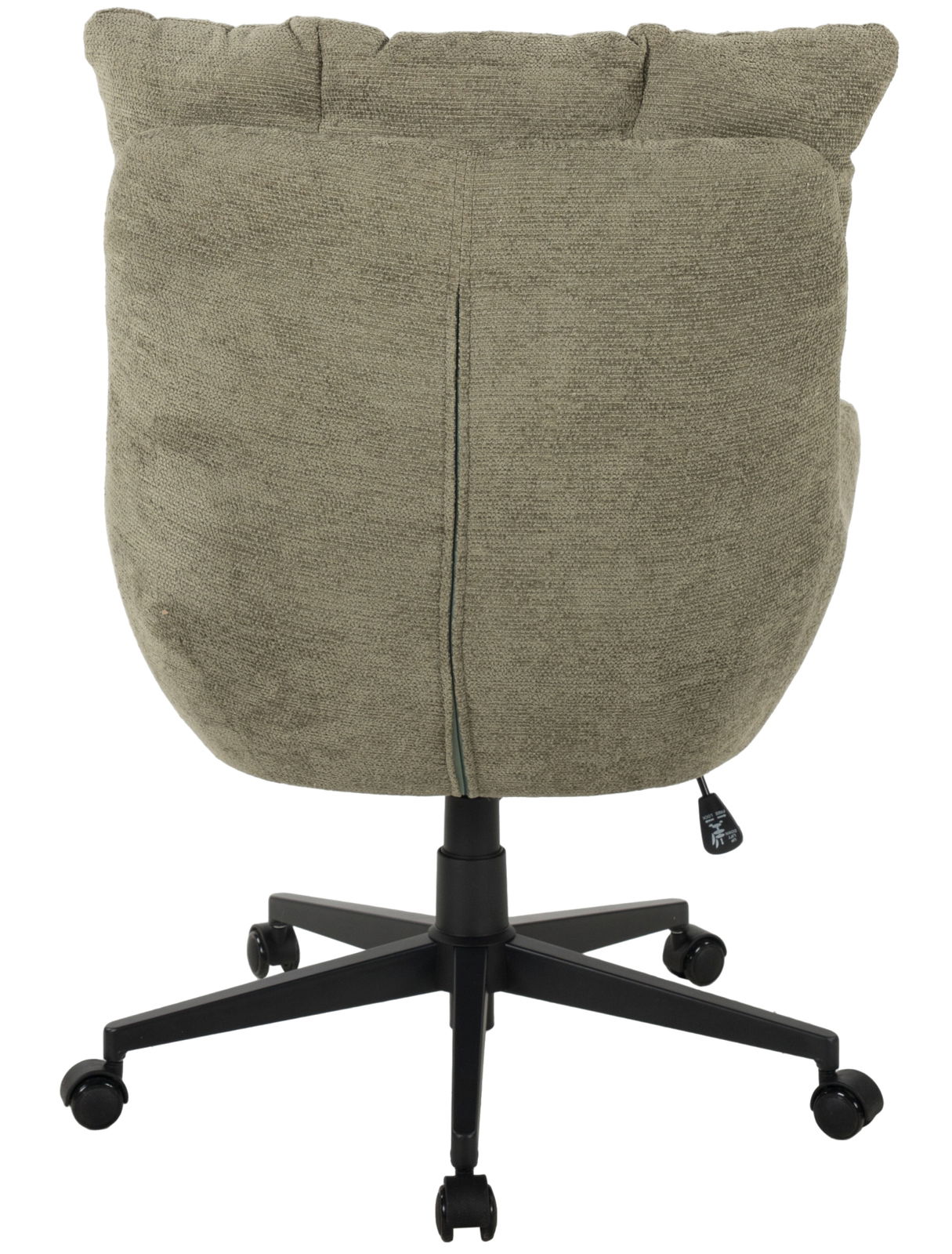 Rückansicht eines grünen Chefsessels mit gepolsterter Rückenlehne und schwarzem Drehfuß auf Rollen.