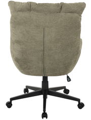 Rückansicht eines grünen Chefsessels mit gepolsterter Rückenlehne und schwarzem Drehfuß auf Rollen.