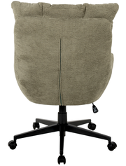 Rückansicht eines grünen Chefsessels mit gepolsterter Rückenlehne und schwarzem Drehfuß auf Rollen.