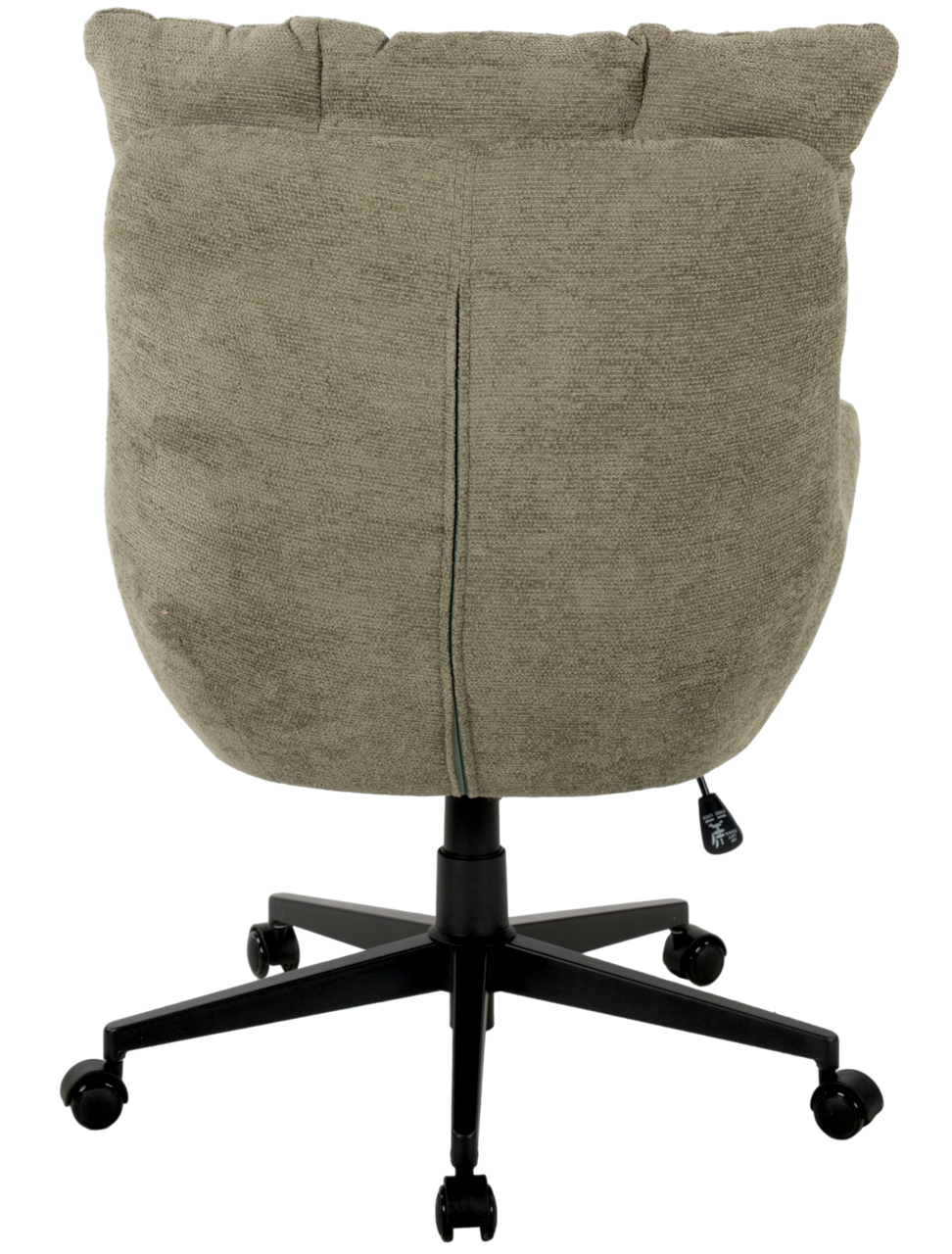 Rückansicht eines grünen Chefsessels mit gepolsterter Rückenlehne und schwarzem Drehfuß auf Rollen.