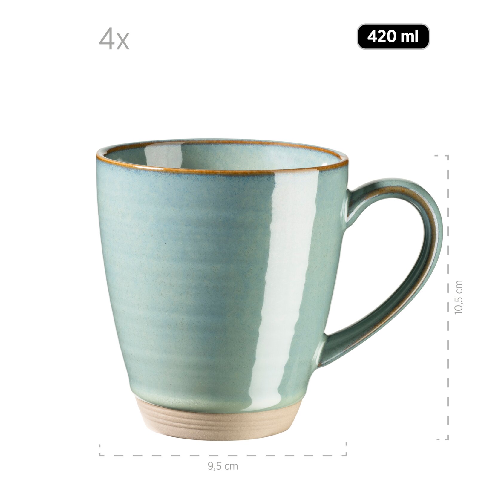 Türkise, glänzend glasierte Keramik-Kaffeetasse mit großem Henkel, 420 ml, in seitlicher Produktansicht vor weißem Hintergrund; Maße ca. 10,5 cm hoch und 9,5 cm breit