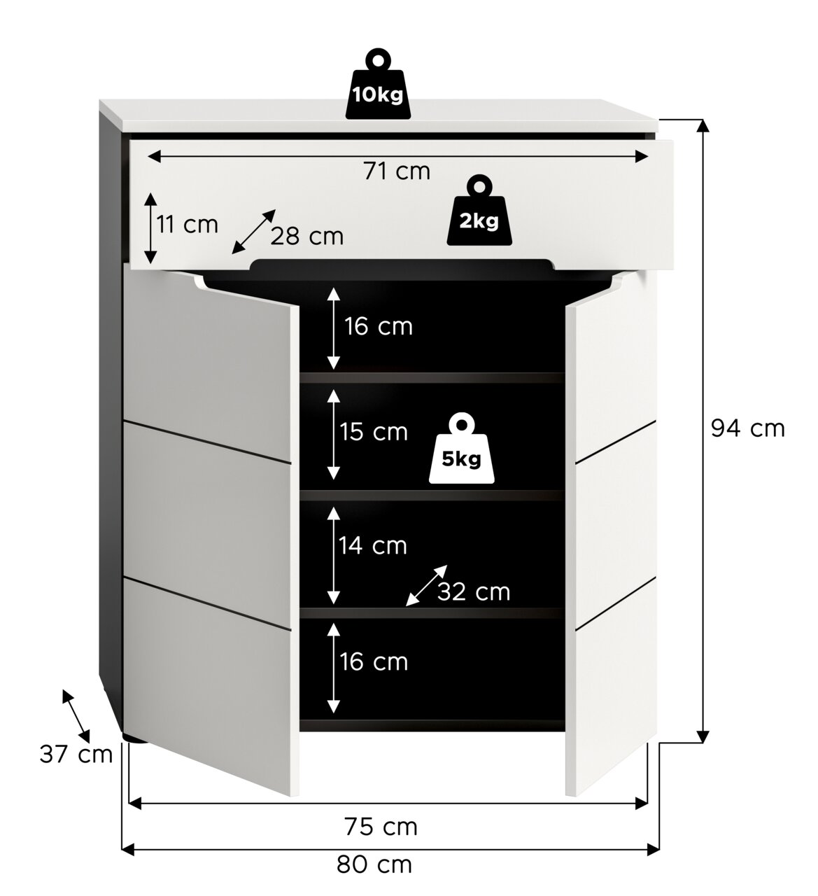 Weißer Badezimmer-Unterschrank mit zwei geöffneten Türen und Innenfächern, Maßangaben und Belastungsangaben (Höhe 94 cm, Breite 80 cm), dargestellt in frontaler Ansicht mit leicht schräger Perspektive von vorn.