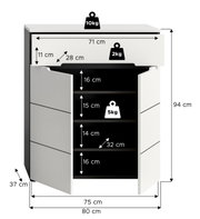 Weißer Badezimmer-Unterschrank mit zwei geöffneten Türen und Innenfächern, Maßangaben und Belastungsangaben (Höhe 94 cm, Breite 80 cm), dargestellt in frontaler Ansicht mit leicht schräger Perspektive von vorn.