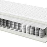 Querschnitt einer Taschenfederkernmatratze mit sichtbaren Federn und Schichten, seitliche Perspektive