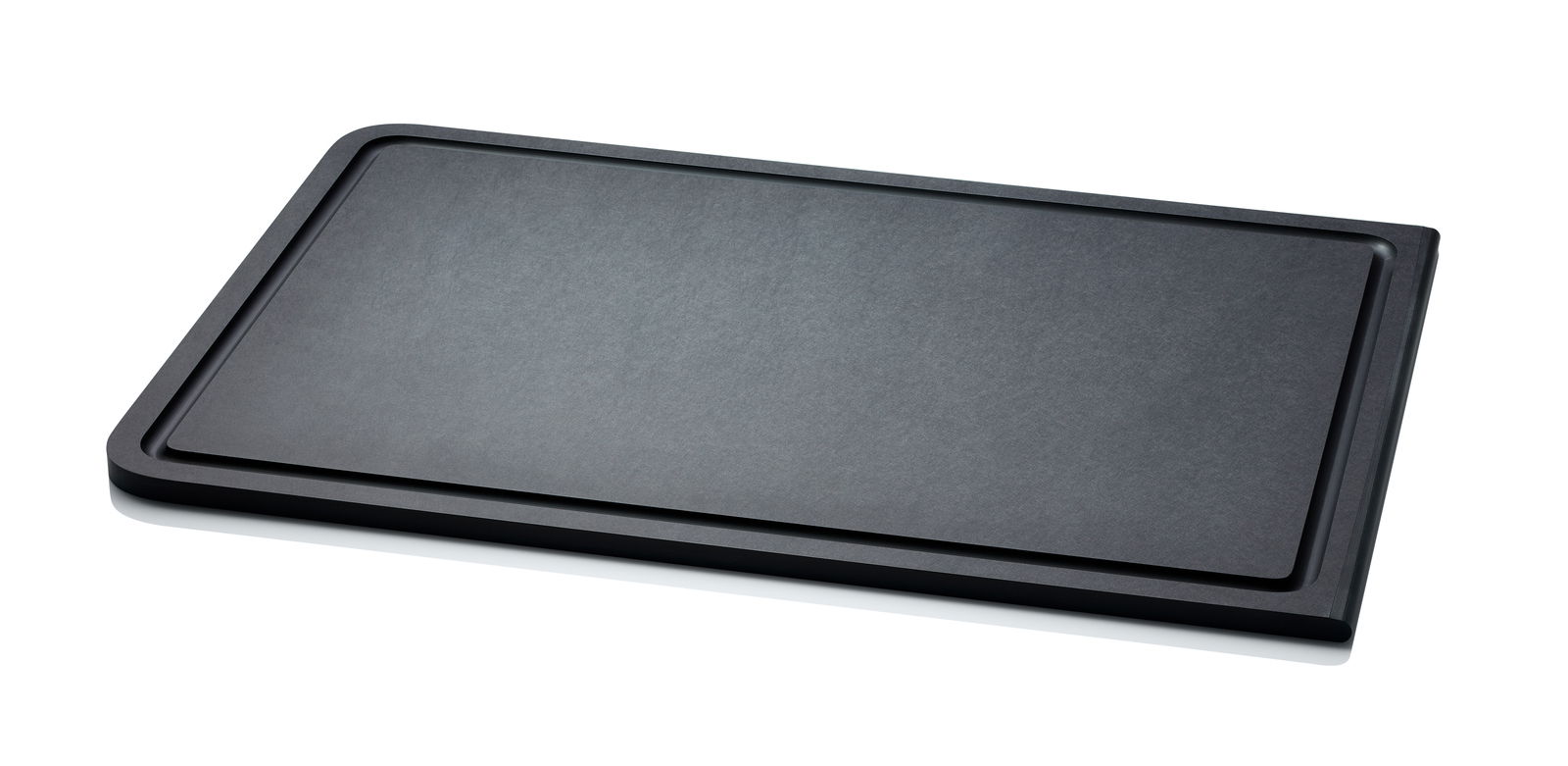 Schwarzes Tranchierbrett BAND Duracore aus der Vogelperspektive, rechteckig mit abgerundeten Ecken und einer Saftrille.