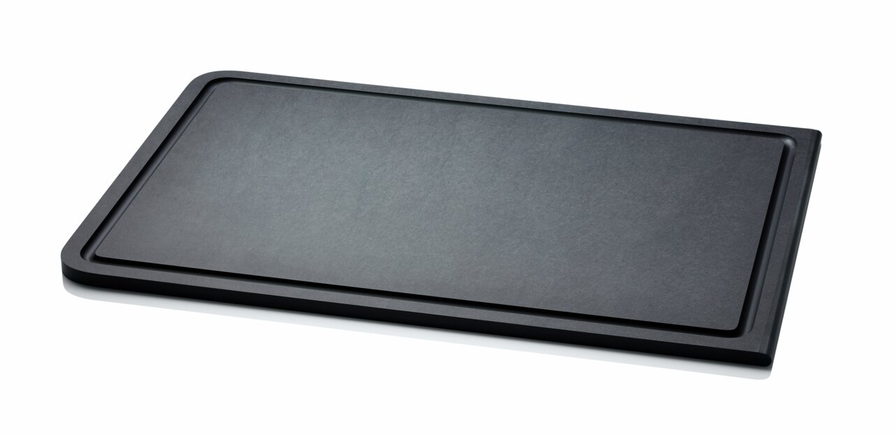 Continenta Tranchierbrett DURACORE Schwarzes Tranchierbrett BAND Duracore aus der Vogelperspektive, rechteckig mit abgerundeten Ecken und einer Saftrille.