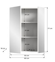 Spiegelschrank mit zwei offenen Türen, drei Fächern und den Maßen 77 cm Höhe, 60 cm Breite und 18 cm Tiefe, Frontalansicht