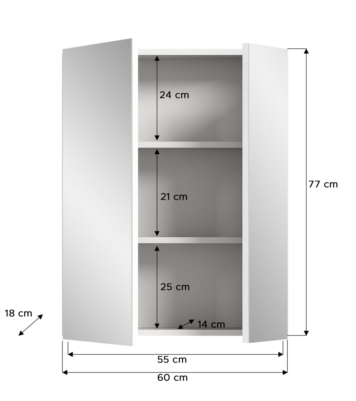 Spiegelschrank mit zwei offenen Türen, drei Fächern und den Maßen 77 cm Höhe, 60 cm Breite und 18 cm Tiefe, Frontalansicht
