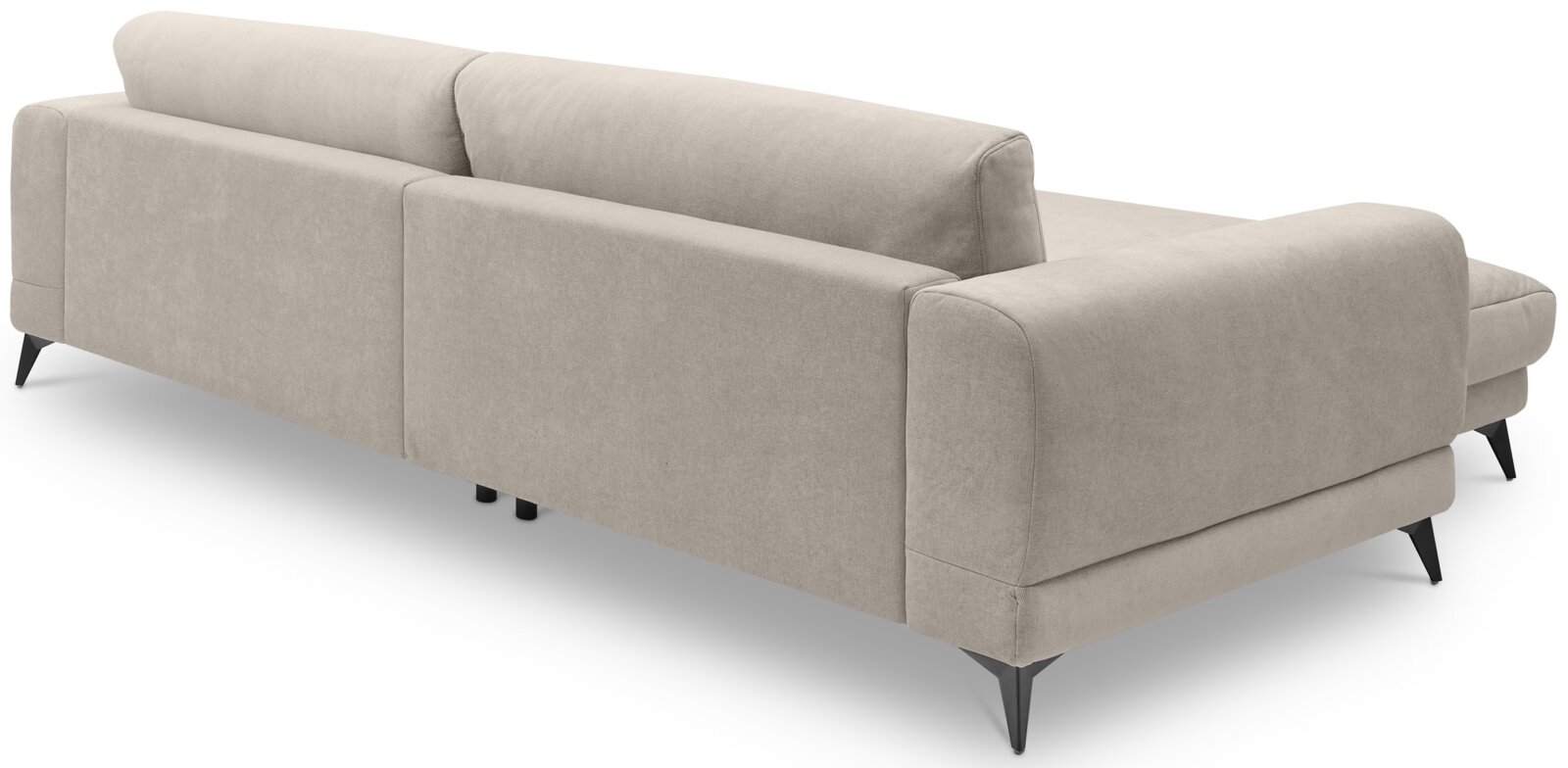 Achterkant van een grote, beige hoekbank met zwarte poten, gezien vanaf linksachter.