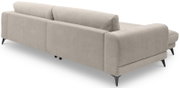 Rückansicht eines großen, beigen Ecksofas mit schwarzen Füßen, Perspektive von hinten links.