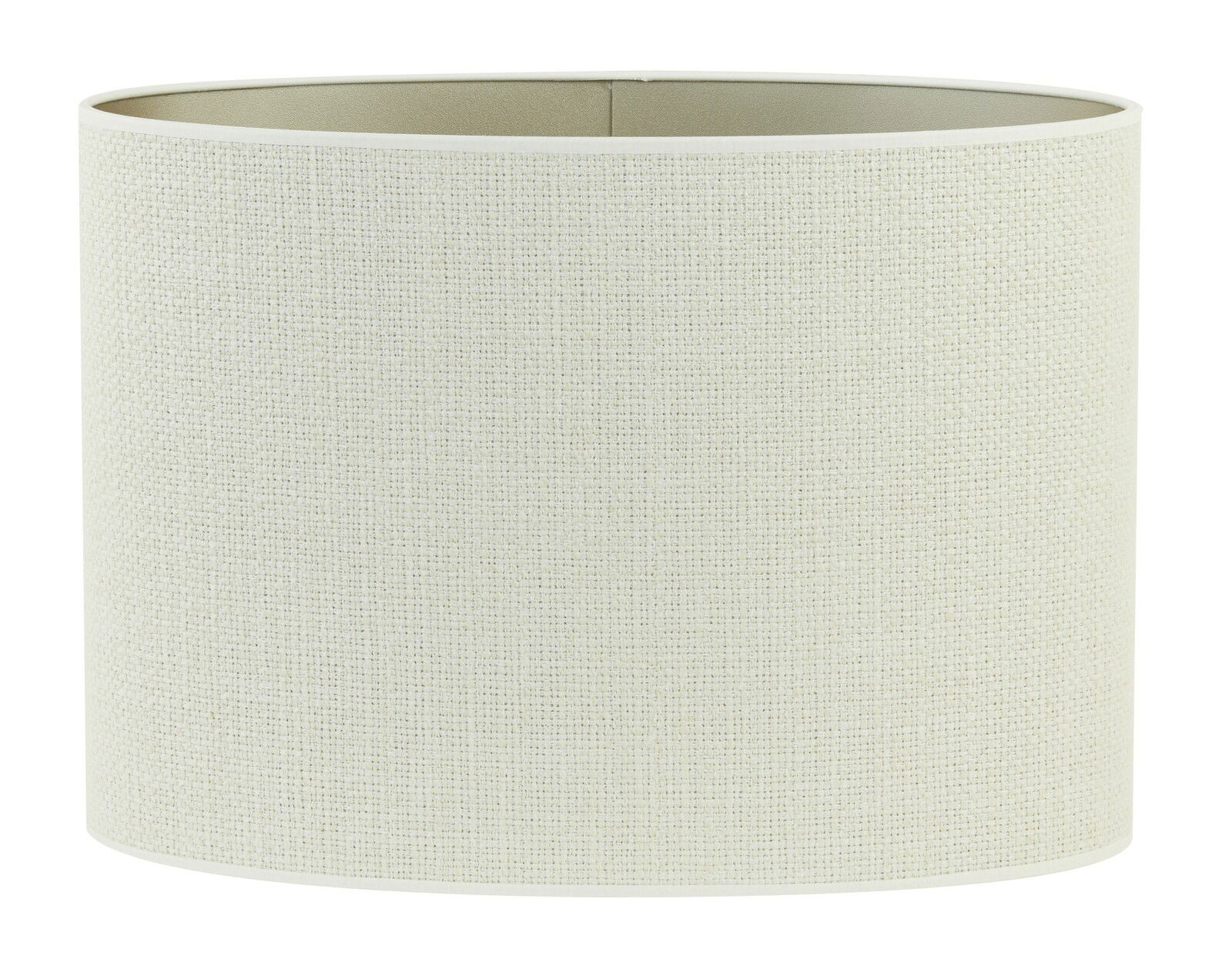 Ovaler, gerader Lampenschirm in cremefarbener Textiloptik, frontal fotografiert.