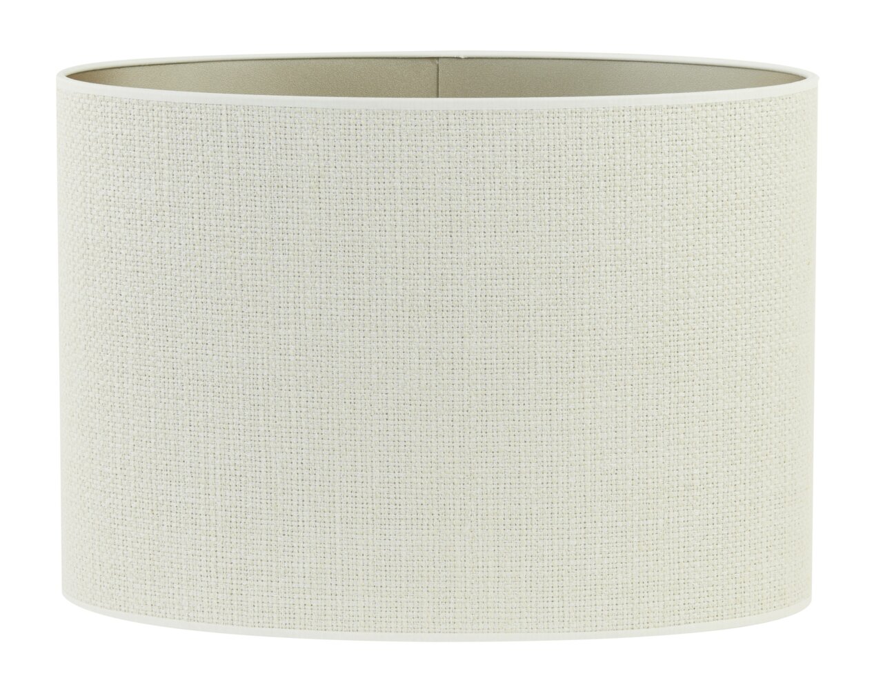 Ovaler, gerader Lampenschirm in cremefarbener Textiloptik, frontal fotografiert.