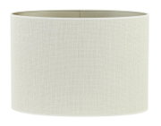 Ovaler, gerader Lampenschirm in cremefarbener Textiloptik, frontal fotografiert.
