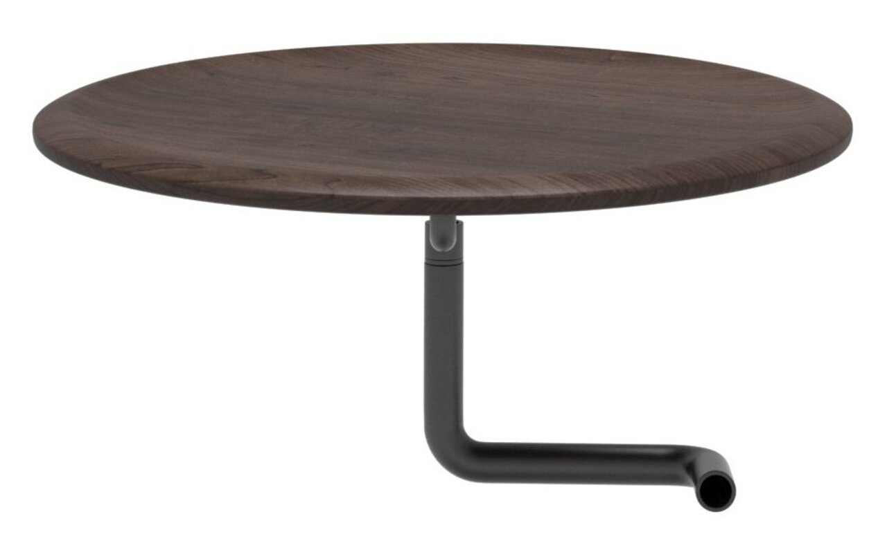 Runder Holztisch mit schwarzem Metallbein, seitliche Perspektive